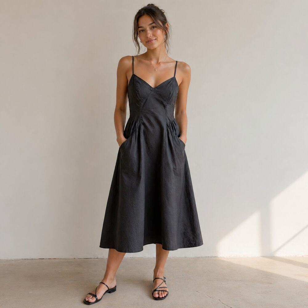 GOELIA Dress Womens 4 Black Cotton Sleeveless Corset Style Volume Skirt Midi